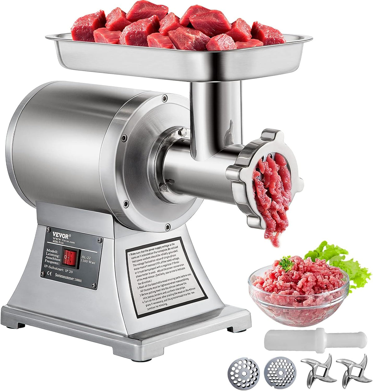 VEVOR, Picadora de carne, Elektrischer, 850 W, 150 kg, 193 U/min, 448 × 210 × 387 mm, com rodas, aço inoxidável, aço, Prateado, para uso diário
