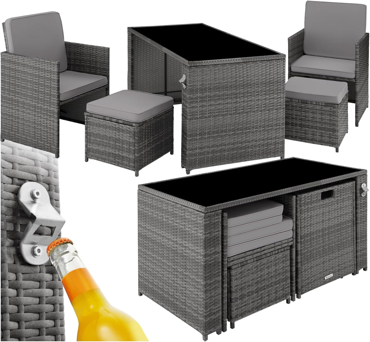 Conjunto de mobiliário de jardim, tectake, Poly, com prateleiras, aço, ratã, Cinzento, para utilização no exterior