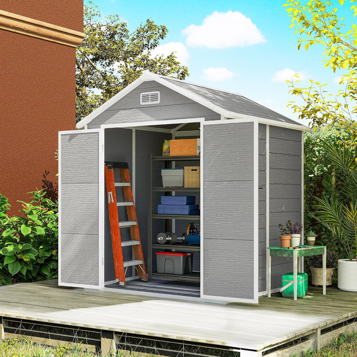 Abrigo de jardim, Outsunny, 182 × 151 × 219 cm, 181 cm, 86,9 kg, 162 × 131 cm, 3 pessoas, aço, plástico, Cinzento, para jardim e exterior