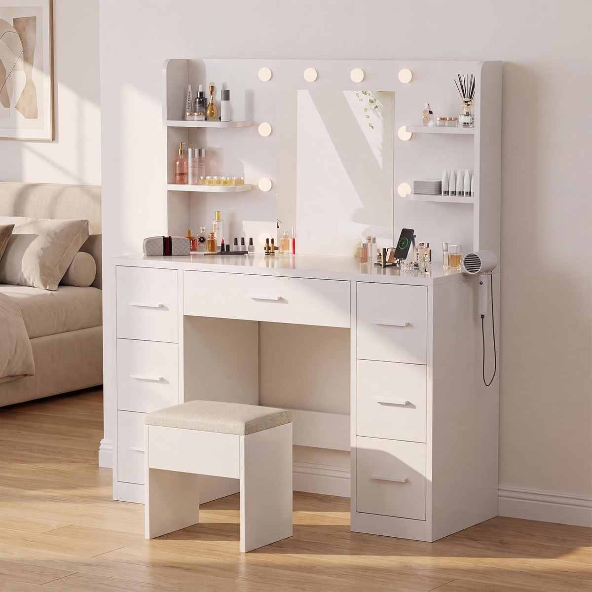 Toucador, JUMMICO, Gro, 108 × 40cm, 52 × 41cm, regulável, com iluminação LED, com gavetas, painel de madeira, Branco, para o quarto