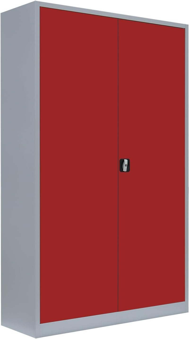 Armário de arrumação, Lüllmann, 195 × 120 × 60cm, 65kg, 1950 × 1200 × 600 mm, altura regulável, regulável, com portas, aço, Cinzento / Vermelho