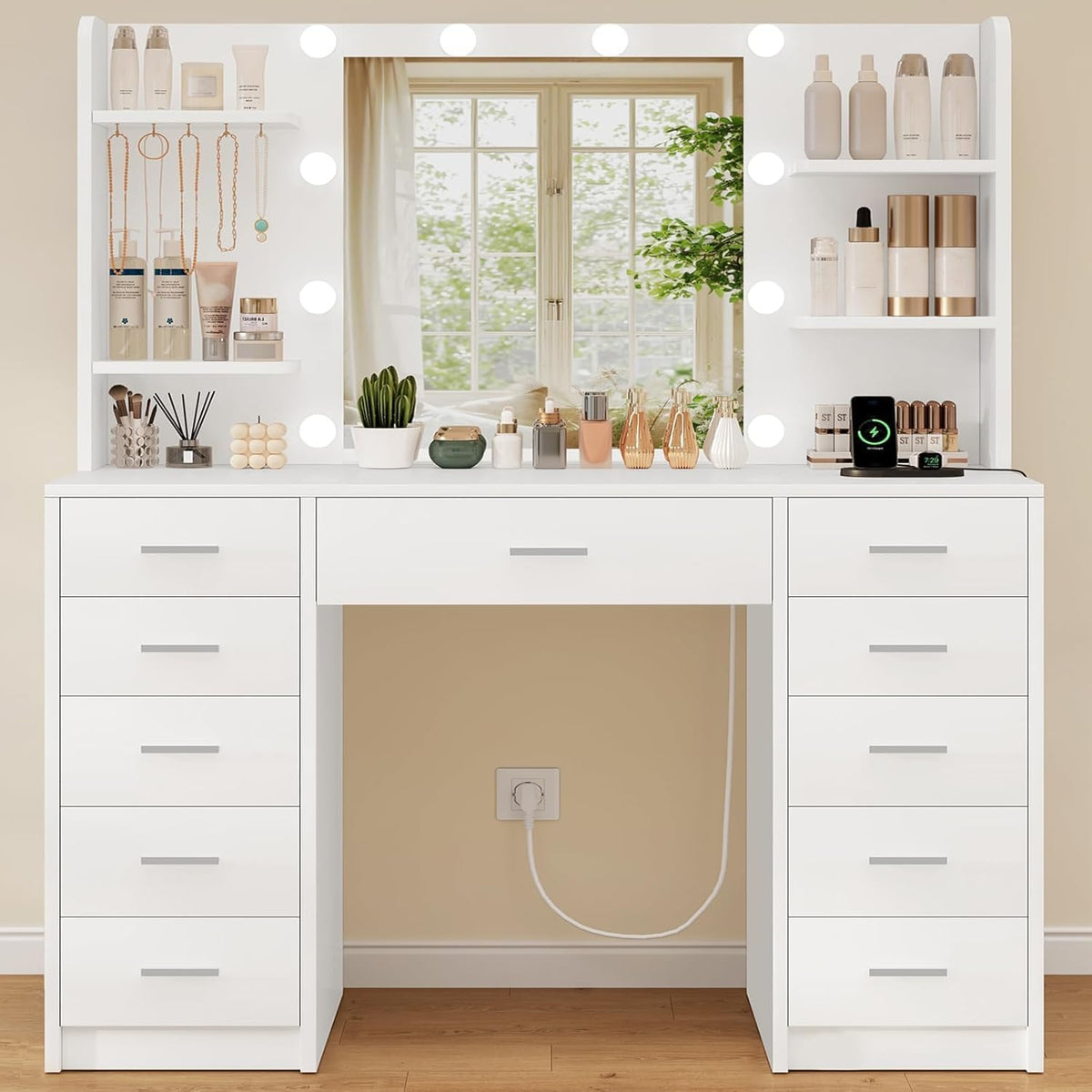 Toucador, TEENFON, Gro, com iluminação LED, com gavetas, com prateleiras, Branco, para o quarto