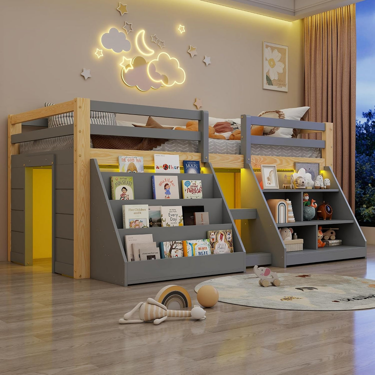 Cama, MYBOO, com iluminação LED, com temporizador, com prateleiras, madeira, painel de madeira, Cinzento, para o quarto