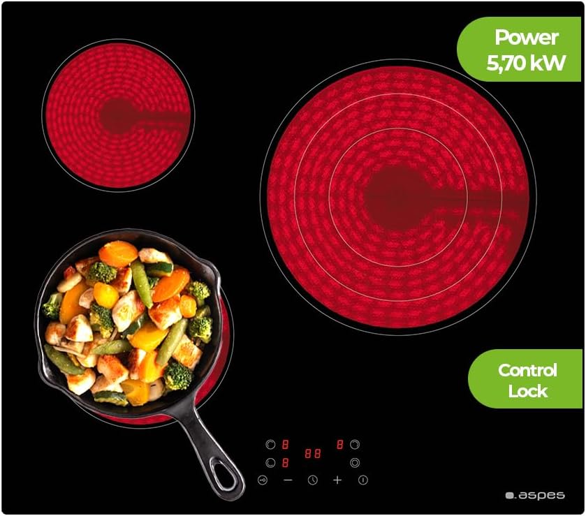 Placa de cozinha, Aspes, AV3602, 5700 W, 490 mm, 12 kg, 560 × 490 mm, vidro, Preto, para a cozinha