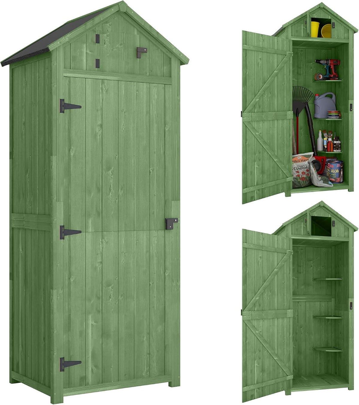 Abrigo de jardim, Outsunny, Gartenschrank, 179 cm, 77 × 54,2 × 179 cm, 77L, 63L, madeira, Verde, para utilização no exterior