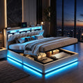 Cama, QMTXBYJ, 140 × 200 cm, com iluminação LED, com gavetas, com prateleiras, madeira, tecido, Natural, para o quarto
