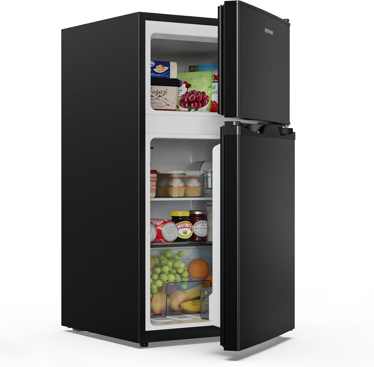 Frigorífico combinado, Upstreman, 84L, 59L, 25L, 39dB, regulável, com iluminação LED, Preto, para uso diário