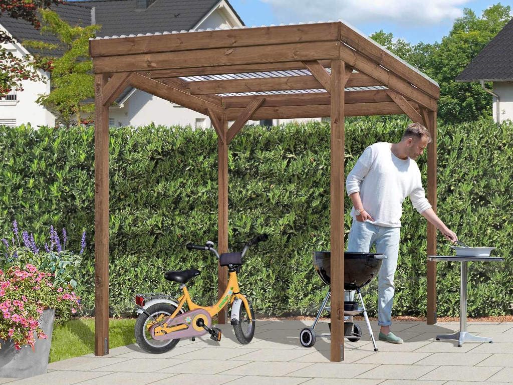 Abrigo de jardim, belladoor, 203 × 199 × 230 cm, 7 × 7 cm, 7 cm, 181 cm, 180 cm, com rodas, madeira, Castanho, para utilização no exterior
