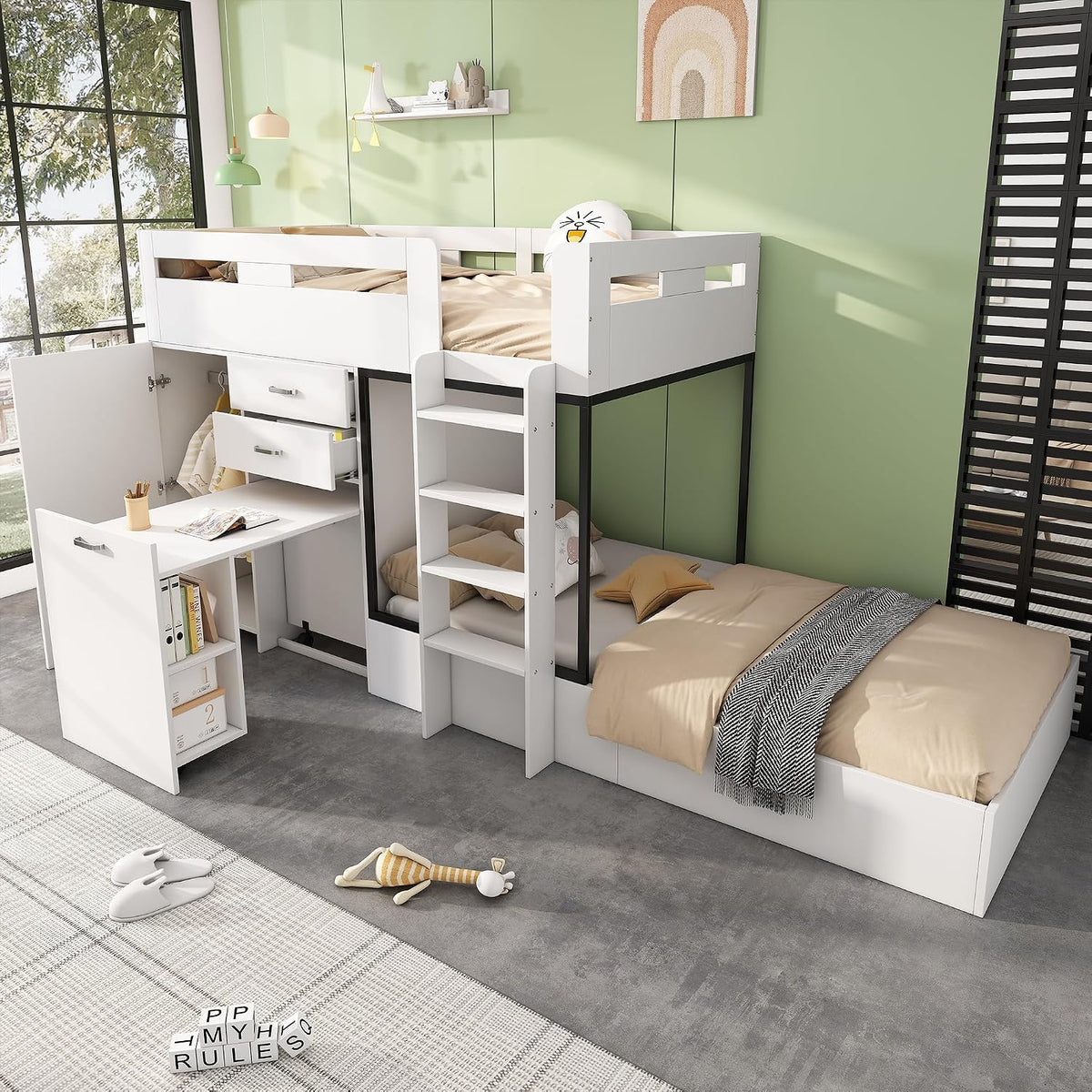 Cama, Ymkua, Etagenbett, 90 × 200 cm, com gavetas, com prateleiras, sem colchão, Branco, para o quarto
