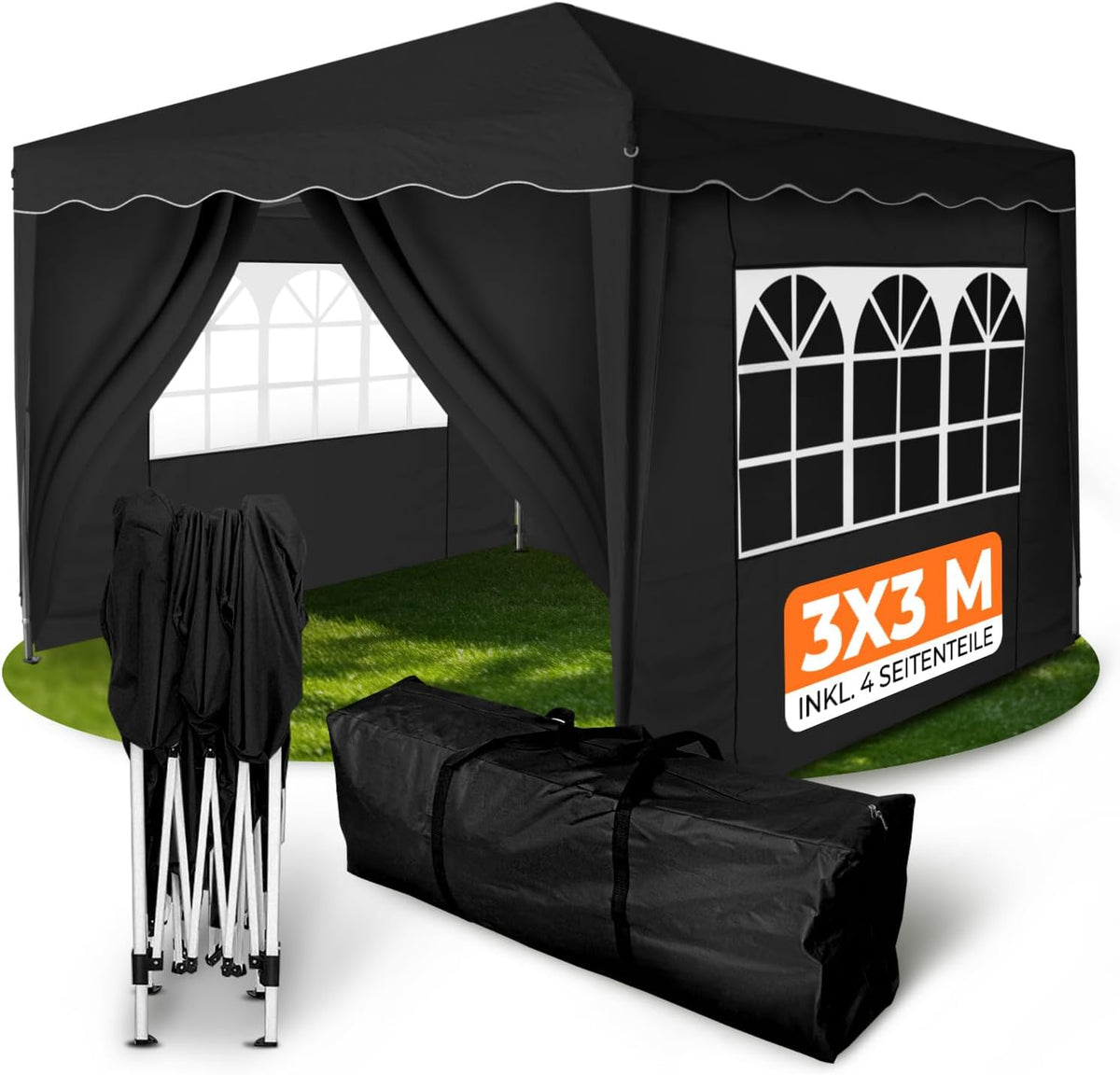 Gazebo de jardim, Kronenburg, Faltpavillon, 3 × 3 m, 24 cm, 17 kg, 119 × 24 × 24 cm, resistente à água, aço, poliéster, Preto