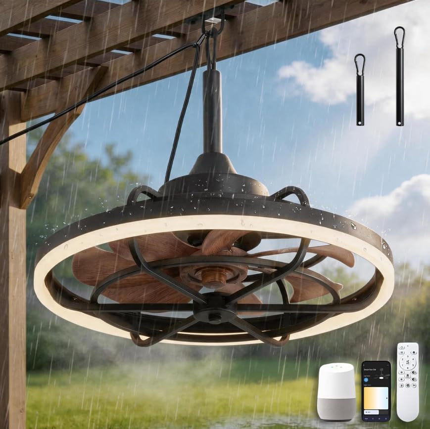 Ventoinha de teto com luz, KZT, Outdoor, 30 cm, resistente à água, com comando à distância, com temporizador, Preto, para uso diário