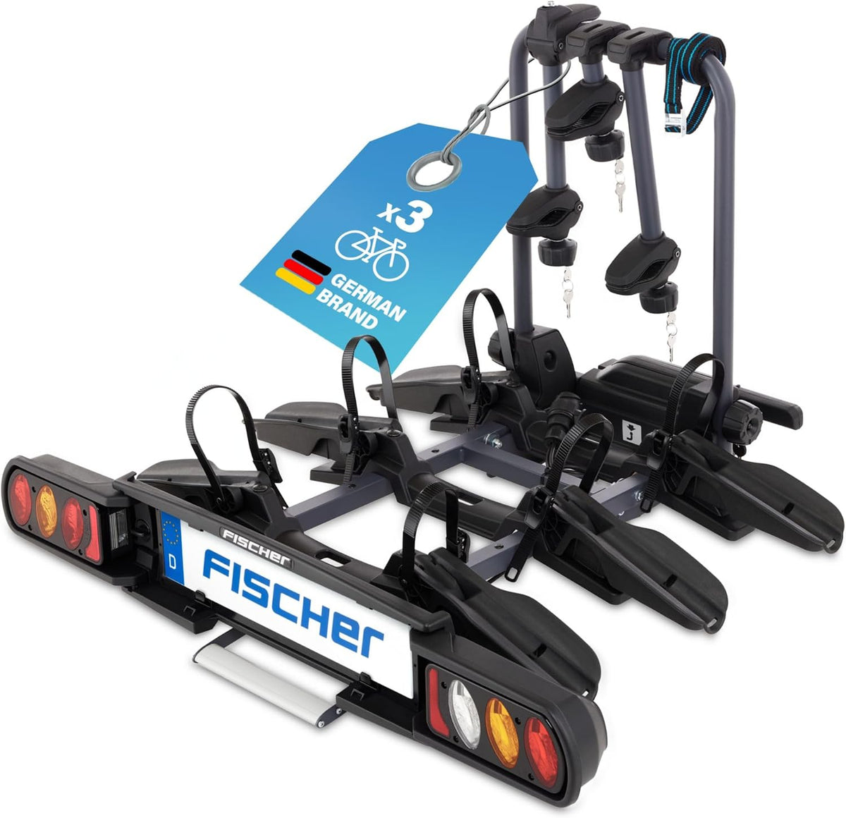 Suporte traseiro para bicicleta, Fischer, Kupplungsfahrradtr, 6 cm, 61 cm, 17,38 kg, 60 kg, 77 × 22 × 61 cm, dobrável, com rodas, aço, plástico