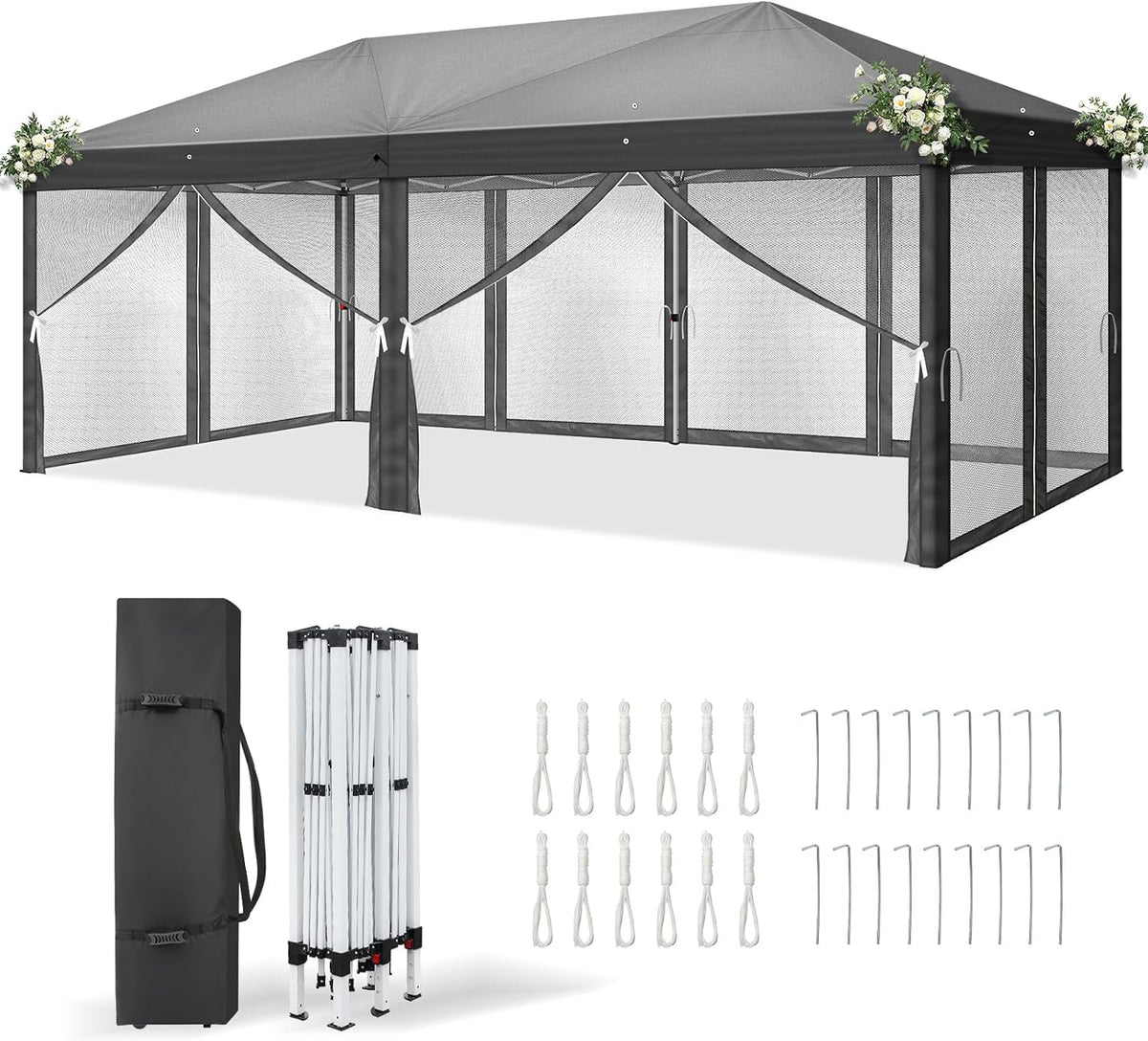 Conjunto de jardim, LEADZM, 6 m, 3 × 6 m, dobrável, regulável, resistente à água, aço, tecido, Antracite, para jardim e exterior
