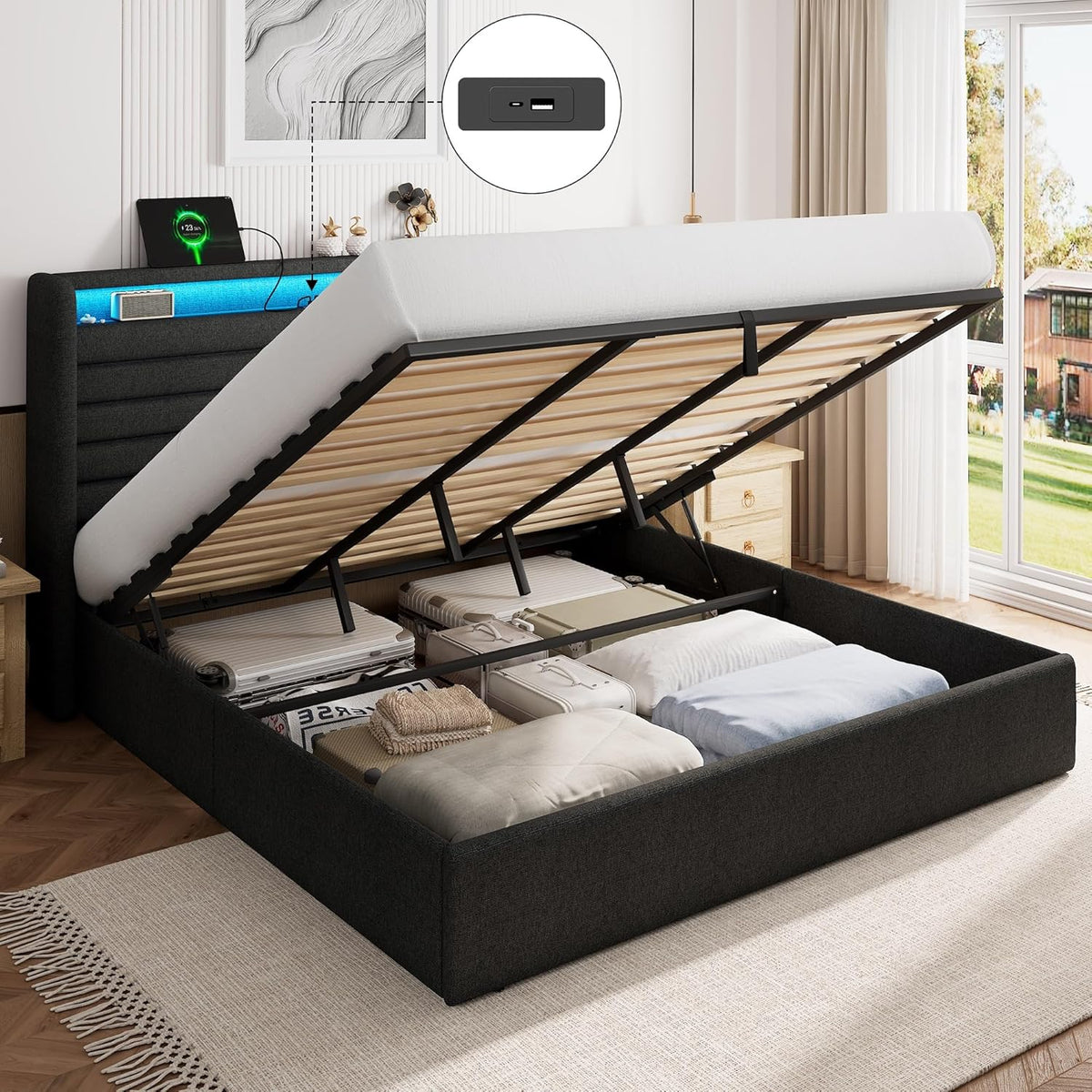 Estrutura de cama, Feonase, Bett, 180 × 200 cm, com iluminação LED, com comando à distância, sem colchão, madeira, DunkelCinzento, para o quarto