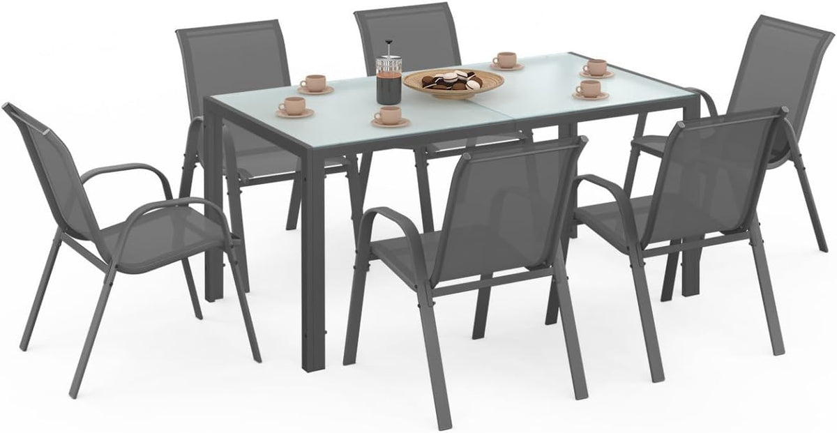 Conjunto de mobiliário de jardim, IDMarket, 150 cm, 6 cadeiras, aço, vidro, Cinzento, para jardim e exterior