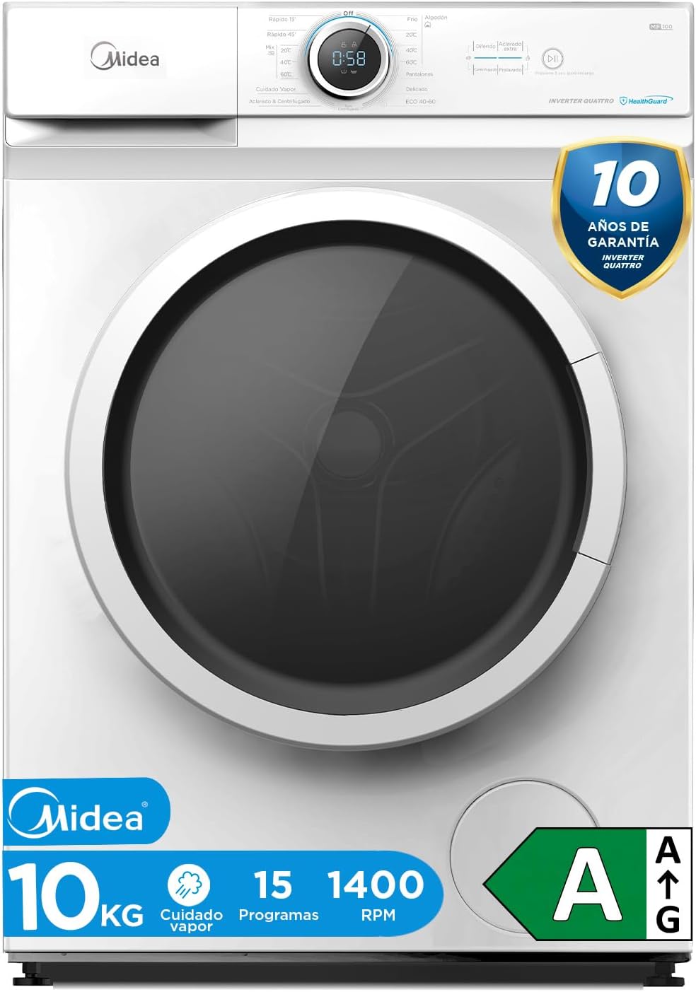Máquina de lavar roupa, Midea, 10 kg, 1950 W, 1400 rpm, 15 Programas, algodão, tecido, Multicolor, para uso diário