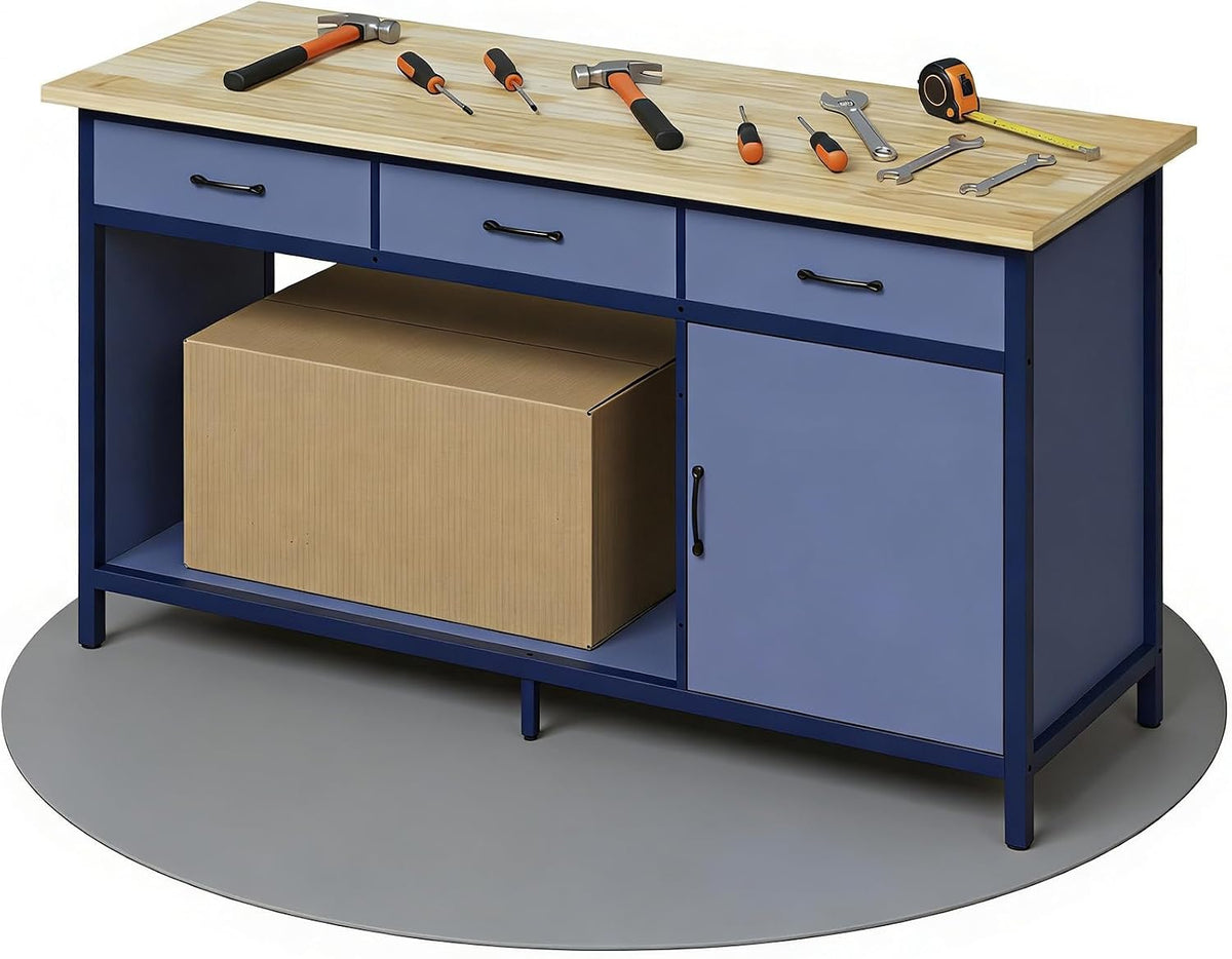 Bancada de trabalho, JUMMICO, Werkbank, 500 kg, 85 cm, 160 × 60 × 85 cm, 60 cm, altura regulável, regulável, madeira, DunkelAzul, para uso diário