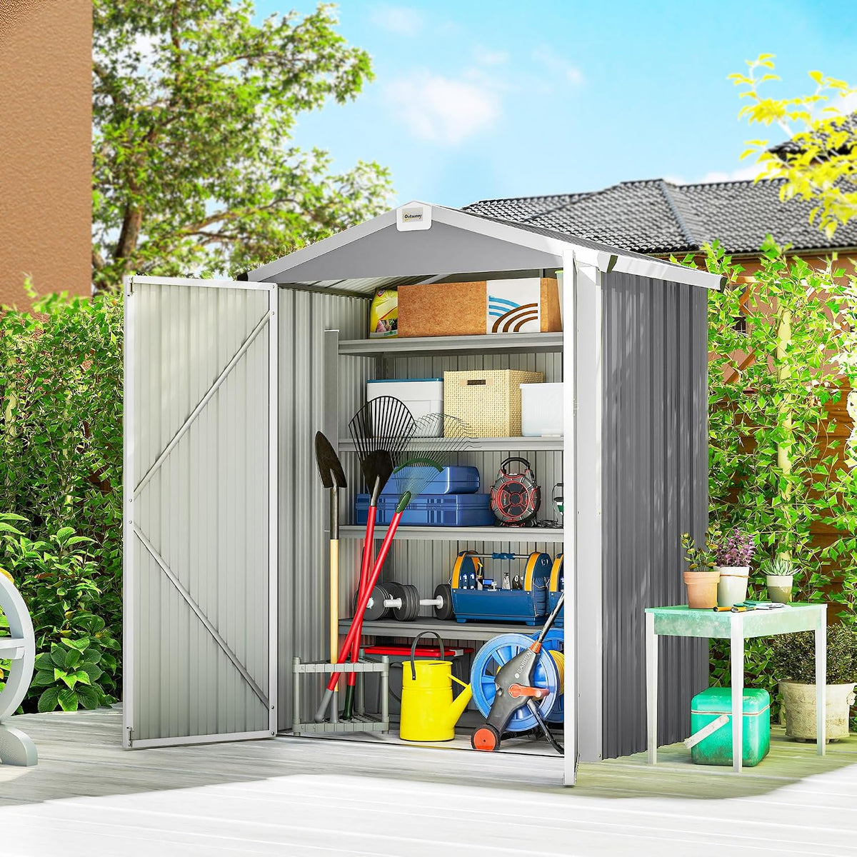 Abrigo de jardim, Outsunny, 133 × 87 × 178 cm, 109 cm, 54,5 cm, 120 × 79 × 175 cm, 3 pessoas, aço, Cinzento, para jardim e exterior