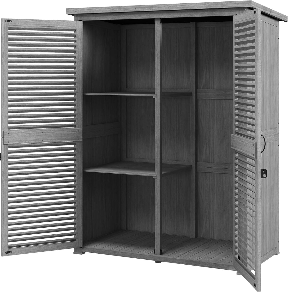 Abrigo de jardim, Outsunny, 127 × 65 × 168 cm, 168 cm, 40 kg, 70 kg, 119 × 57 cm, 2 pessoas, com prateleiras, madeira, tecido, Cinzento