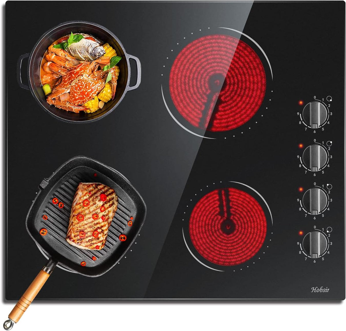 Placa de cozinha, Hobsir hob, 59 cm, 6000 W, com rodas, vidro, Preto, para a cozinha