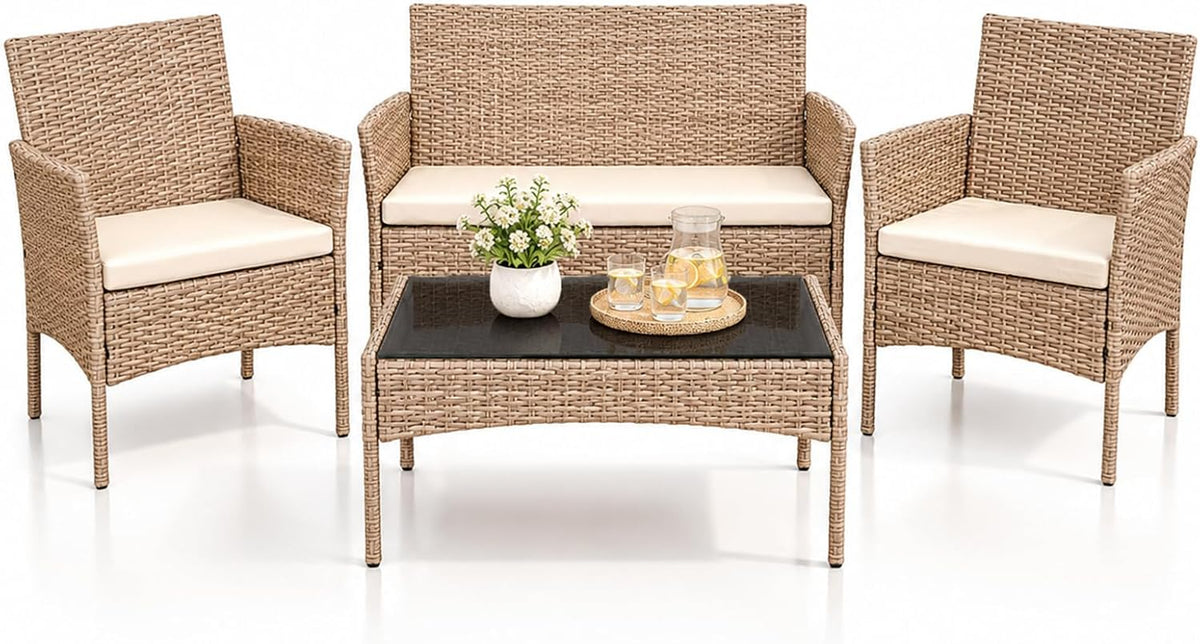 Conjunto de mobiliário de jardim, YOEVU, aço, ratã, Natural, para jardim e exterior