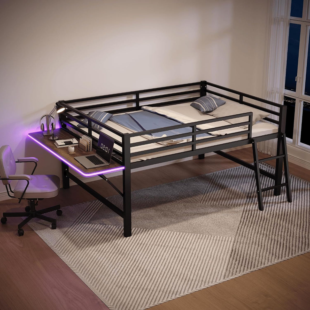 Cama, MYBOO, 140 × 200 cm, dobrável, com iluminação LED, com comando à distância, metal, Preto, para o quarto