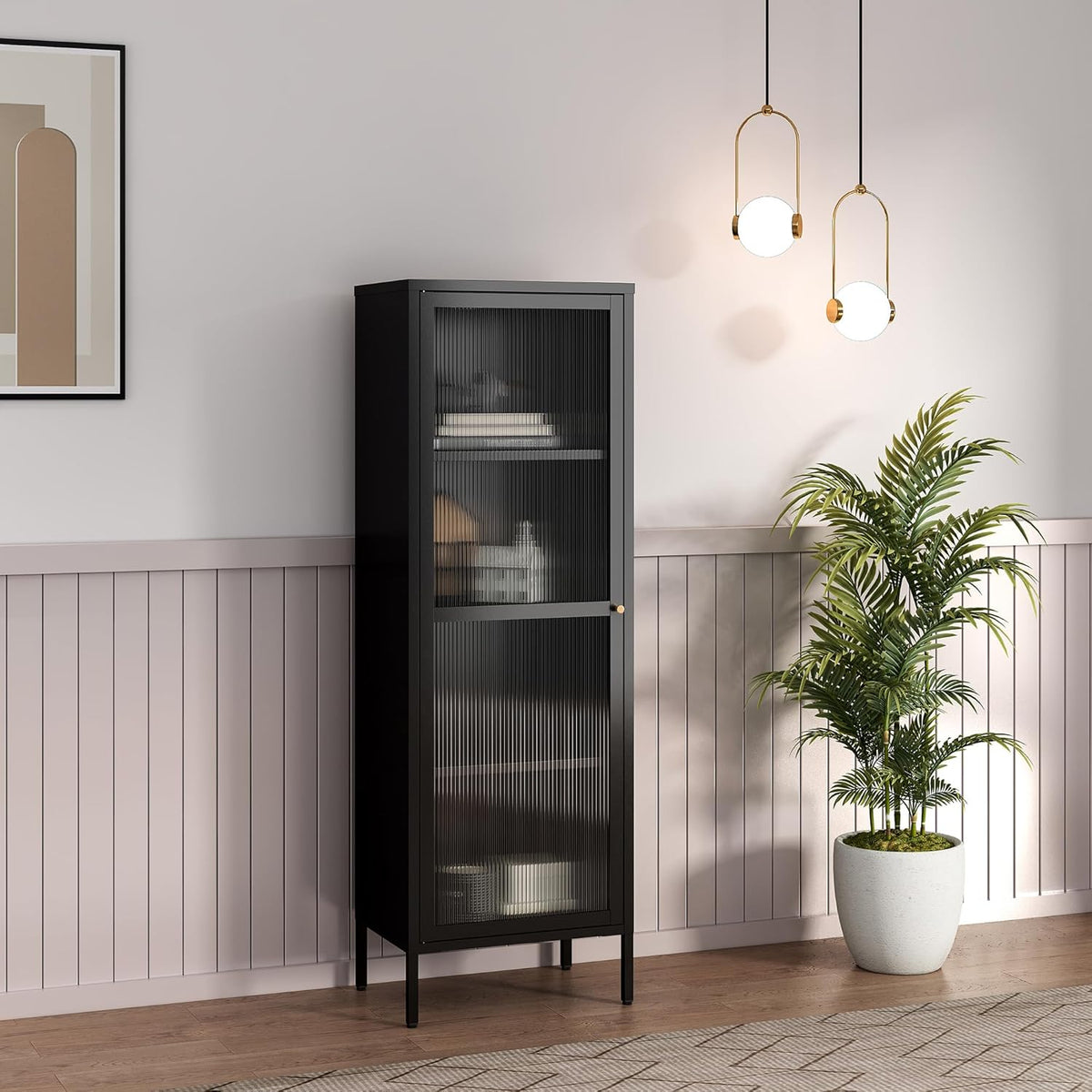 Vitrine, en.casa, Vitrinenschrank, 150 × 50 × 35 cm, 150 cm, com prateleiras, com portas, aço, vidro, Preto, para uso diário