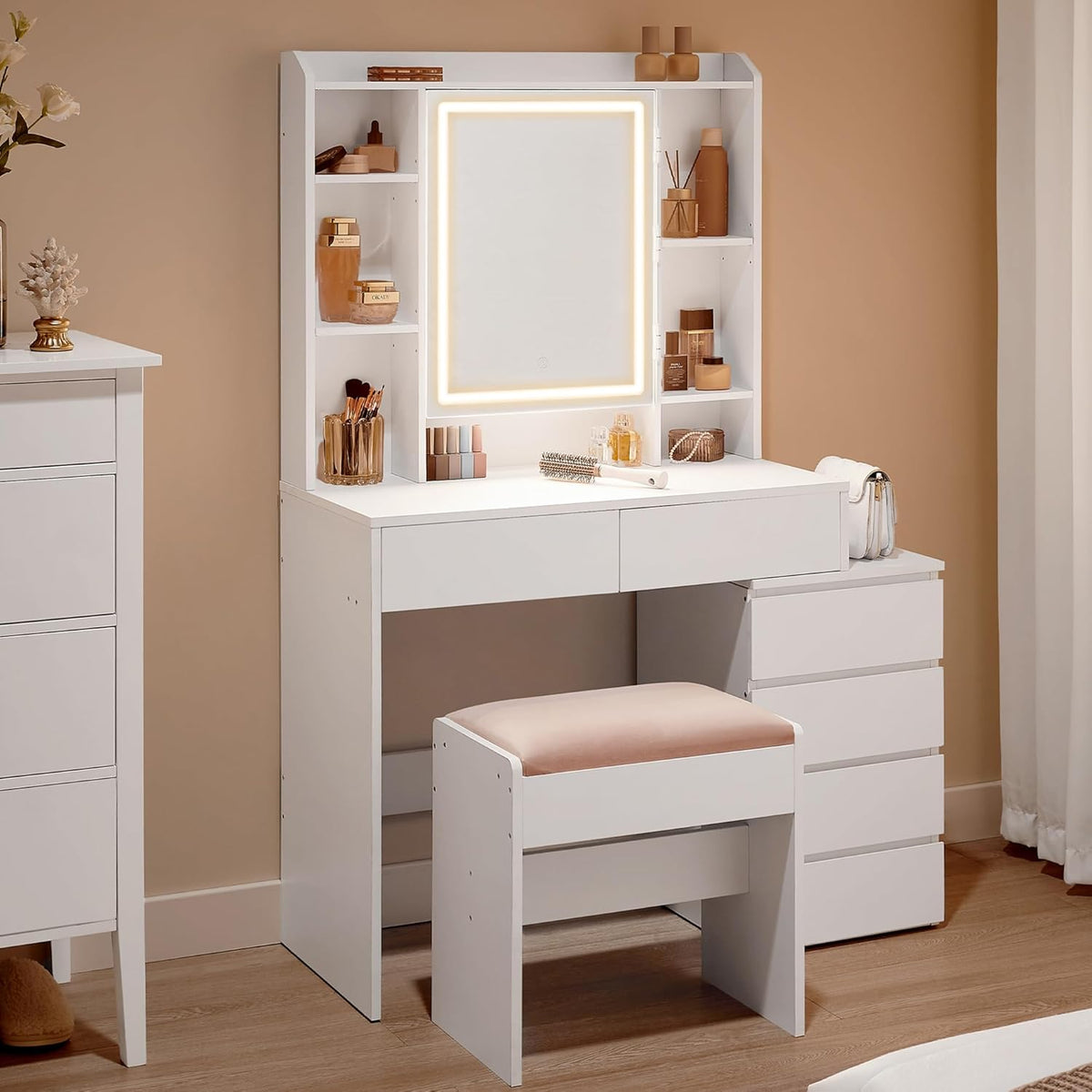 Toucador, VASAGLE, Schminktisch, altura regulável, regulável, com gavetas, madeira, painel de madeira, Branco, para o quarto