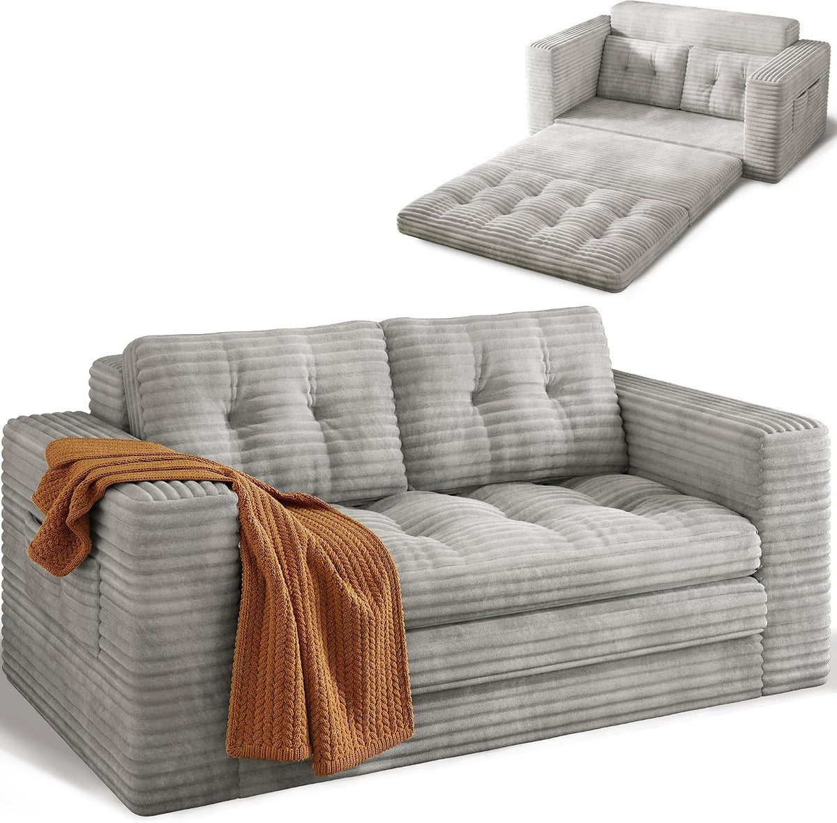 Sofá, Xbro, 75 cm, 150 × 86 × 75 cm, dobrável, veludo, tecido, Cinzento, para a sala