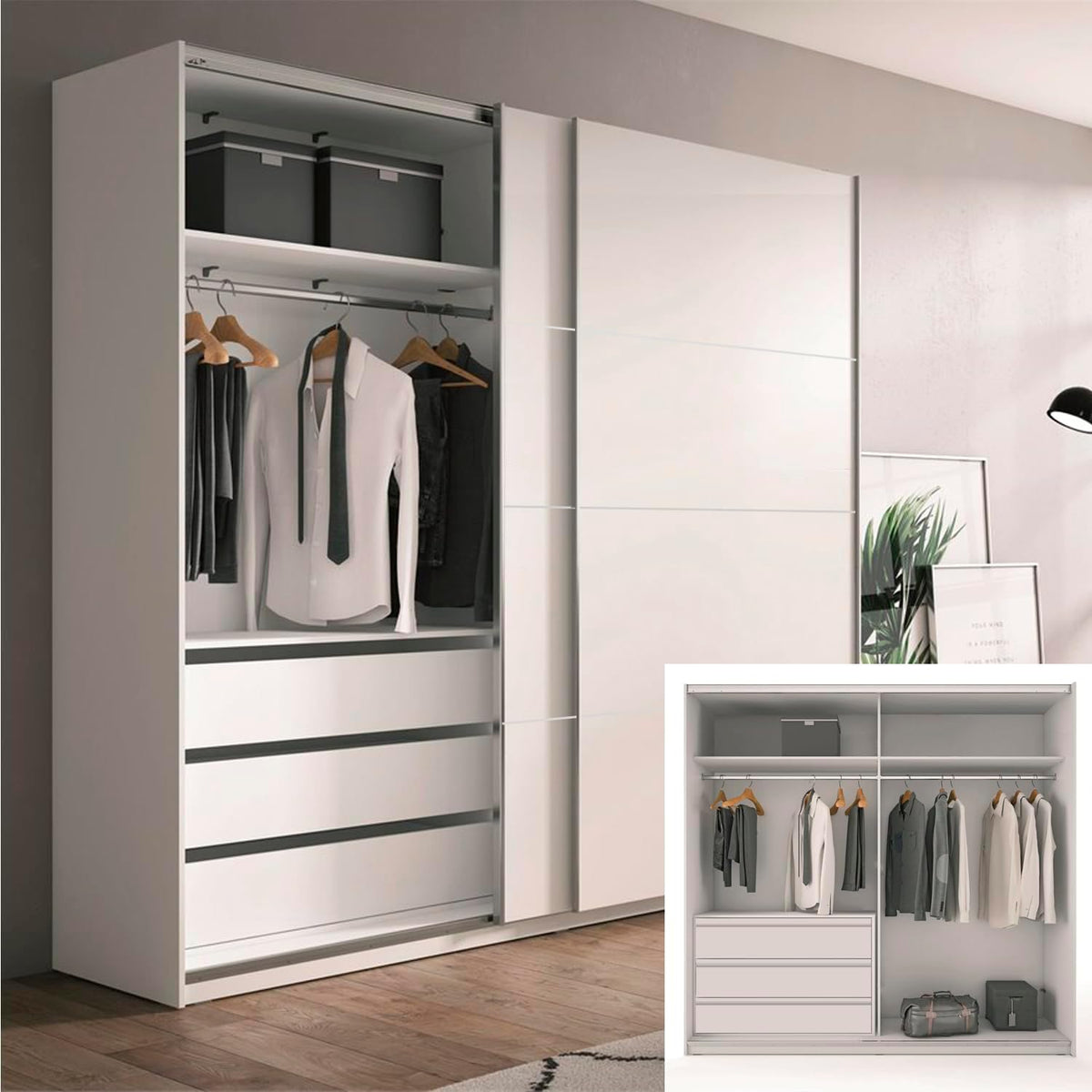 Roupeiro, HABITMOBEL, 72 cm, 150 cm, 200 cm, 60 cm, com gavetas, com prateleiras, Branco, para o quarto