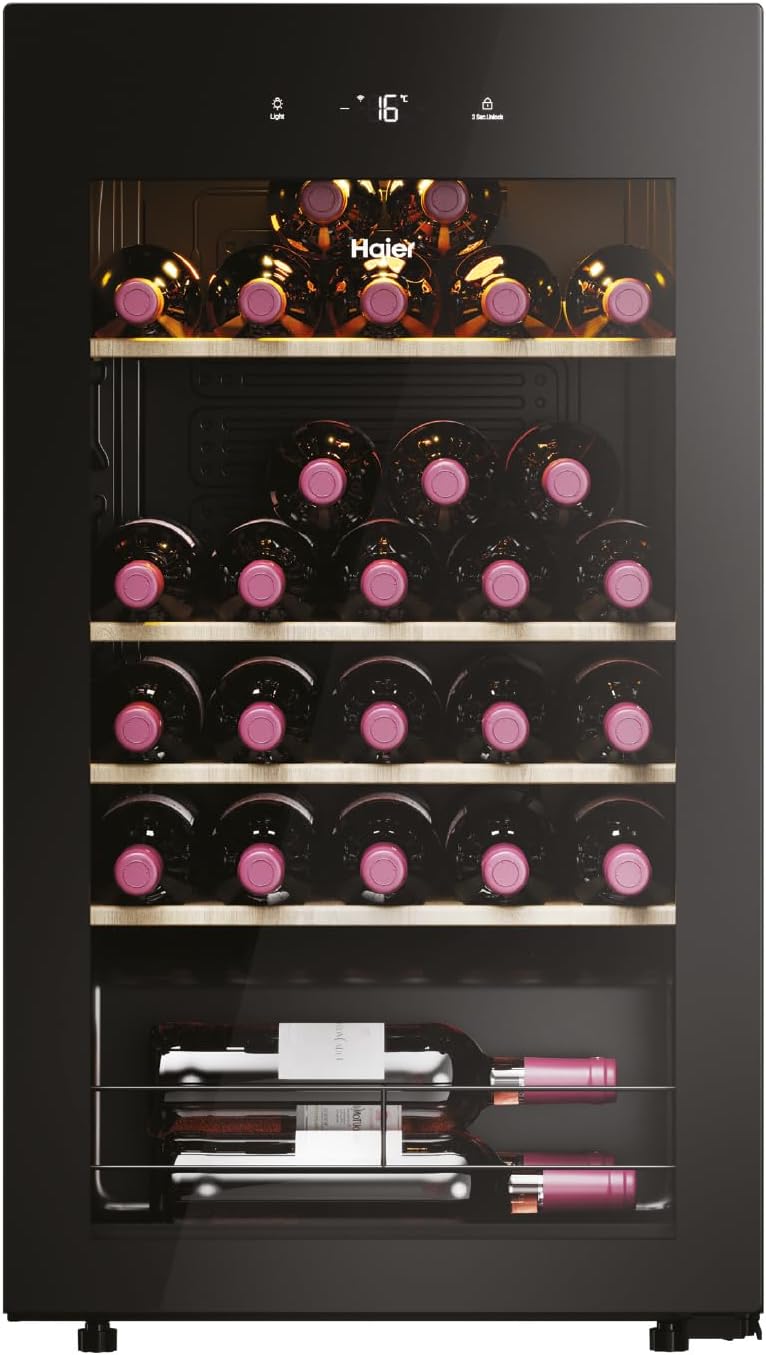 Frigorífico para bebidas, Haier, Weink, 85 cm, 47,5 × 45,6 × 85 cm, com iluminação LED, madeira, vidro, Natural, para uso diário