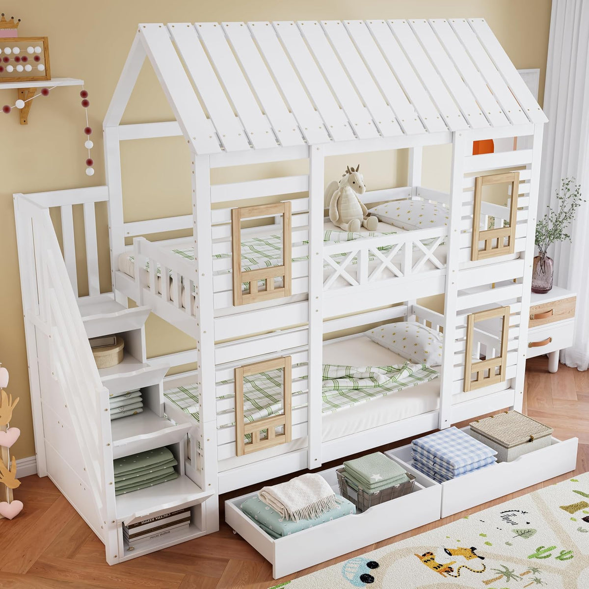 Cama, Merax, Etagenbett, 90 × 200cm, com rodas, com gavetas, com portas, madeira, Branco, para o quarto