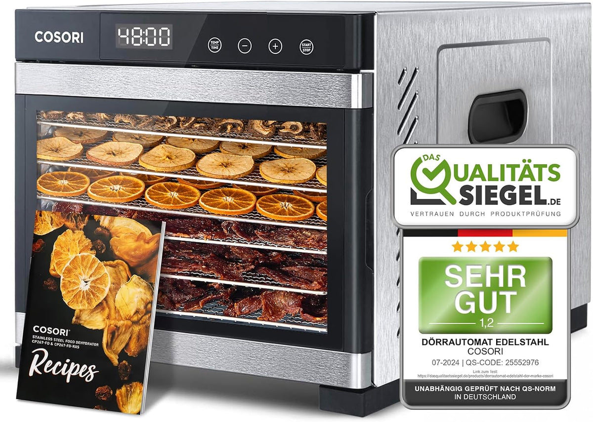 Desidratador de alimentos, Cosori, 650W, altura regulável, regulável, com temporizador, aço inoxidável, aço, Prateado, para uso diário
