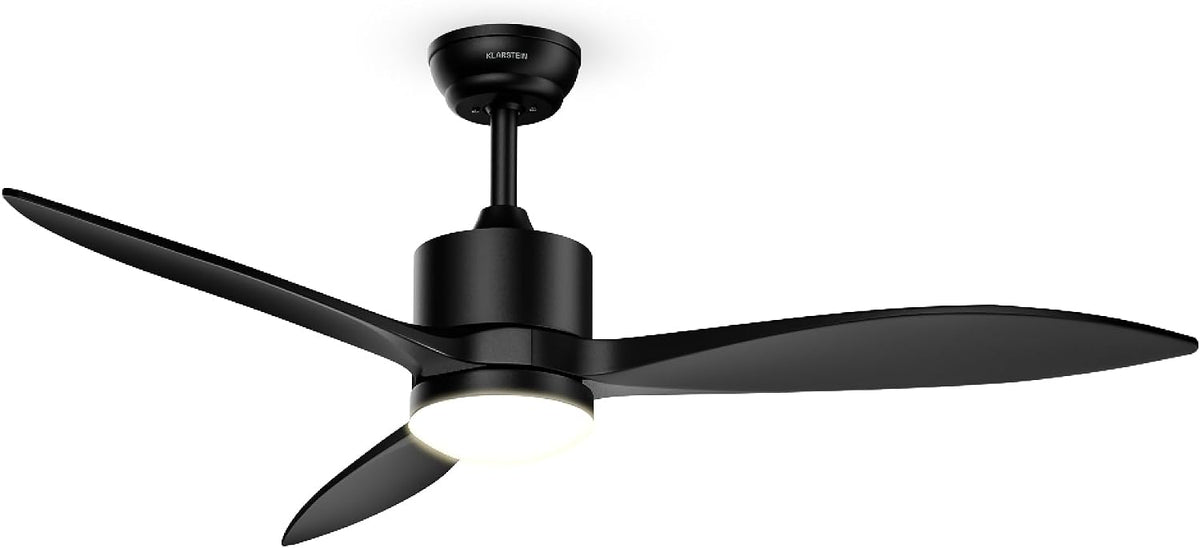 Klarstein, Ventoinha de teto com luz, SkyBreeze, 132cm, 6 níveis, 40 dB, com comando à distância, madeira, Preto, para uso diário