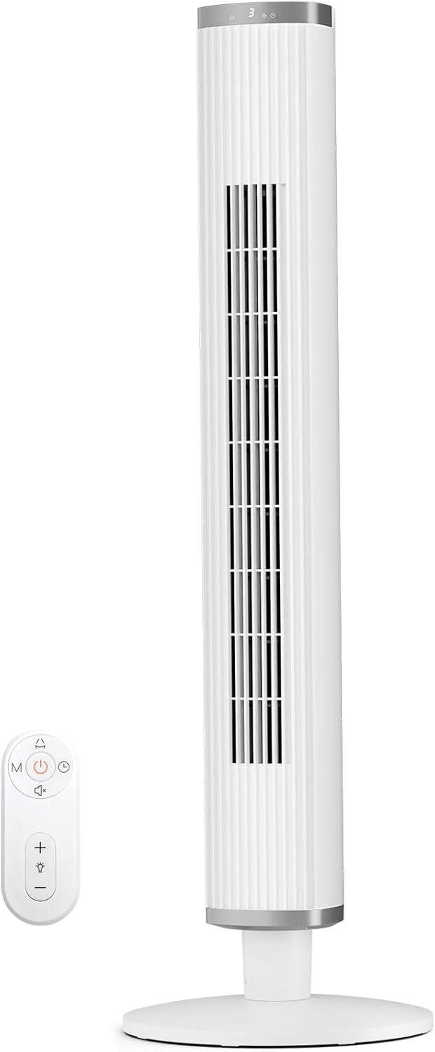 Ventoinha de torre, COWSAR, 104 cm, 6 velocidades, com comando à distância, com temporizador, com iluminação LED, Branco, para uso diário