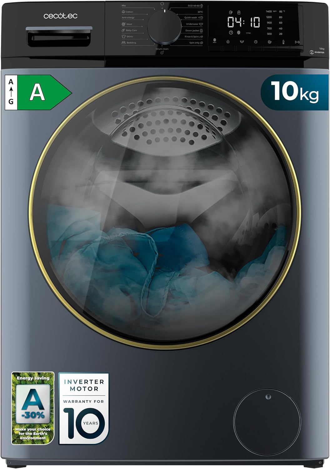 Cecotec, Máquina de lavar roupa, 10 Kg, 1400 RPM, 15 Programas, tecido, Azul, para uso diário