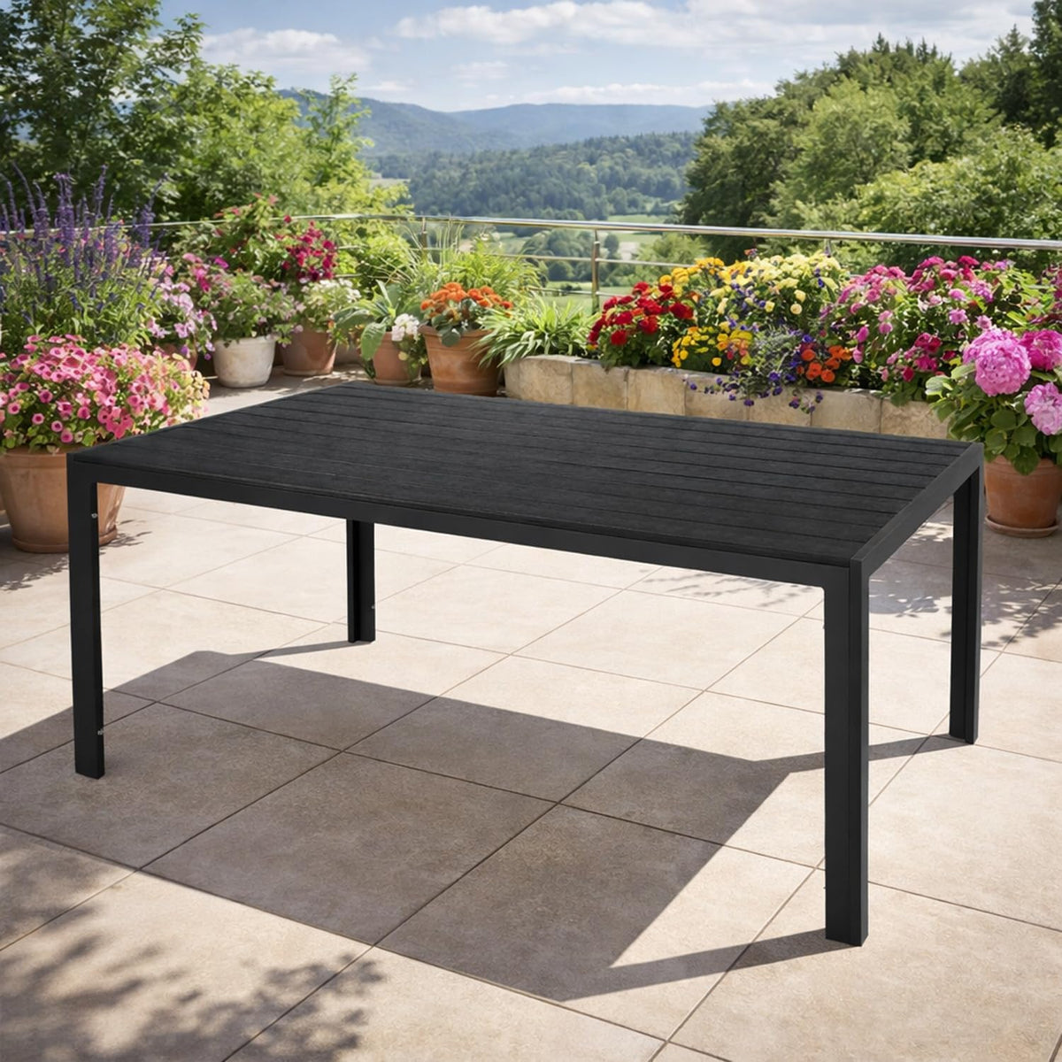 Mesa de jantar, Mojawo, 180 × 90 × 74cm, alumínio, madeira, Preto, para uso diário