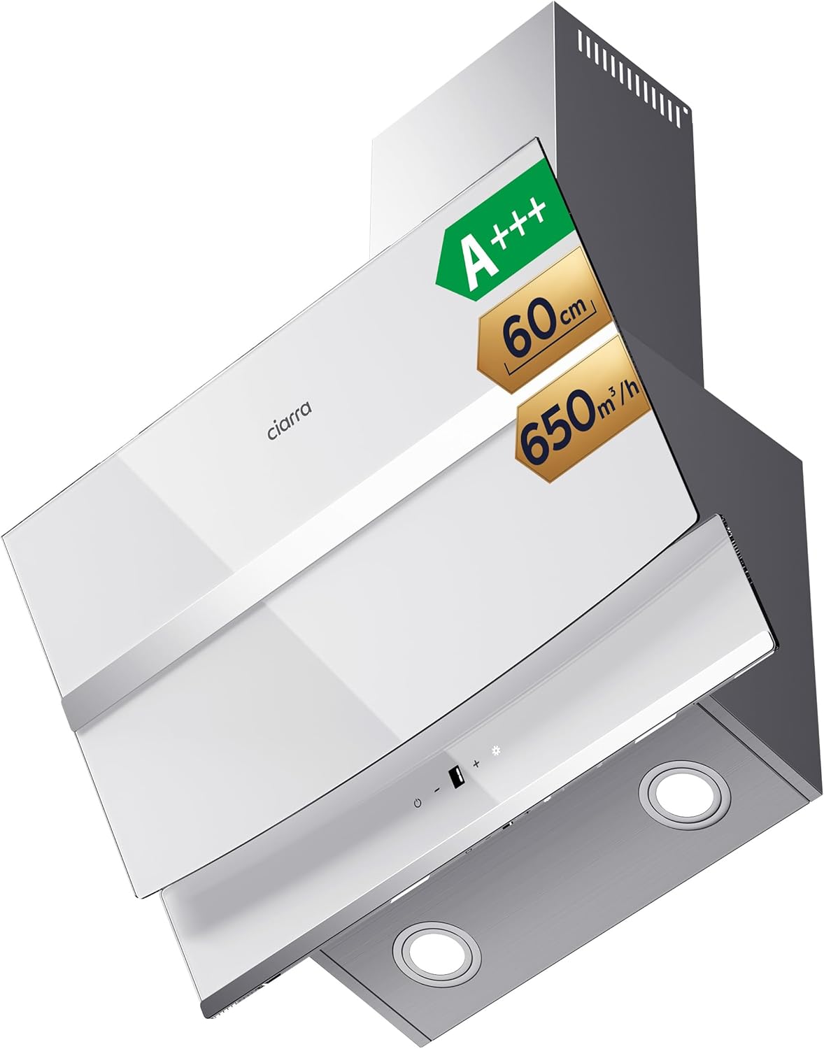 Exaustor, CIARRA, CBCW6736N, 60 cm, 1,5 m, 1 W, 4 velocidades, classe energética A+++, classe A+++, com iluminação LED, alumínio, vidro, Prateado