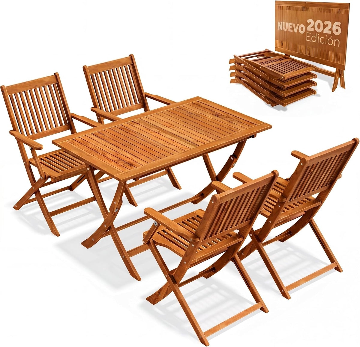Conjunto de jardim, CASARIA, com 4 cadeiras, 160 kg, 4 pessoas, dobrável, madeira, Natural, para jardim e exterior