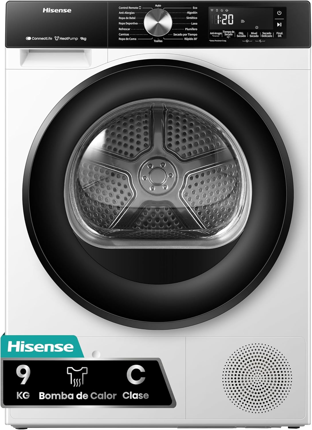 Máquina de secar roupa, Hisense, DH3S902BWCC, 9 Kg, 59 cm, com controlo por aplicação, Multicolor, para uso diário