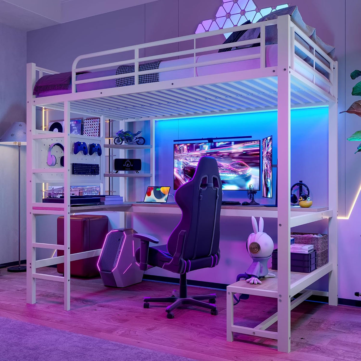 Cama, NovaFurnish, 200 cm, 90 × 200 cm, com iluminação LED, com prateleiras, sem colchão, aço, madeira, Branco, para o quarto